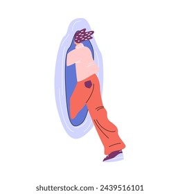 Person goes through portal or teleport. Cartoon divided body part, woman enters in hole. Concept of travel in time and space dimension, quantum leap, fantasy game. Vector fantastic illustration