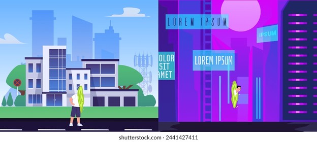 Person goes through teleport portal from present city into the future. Concept of travel in time and space dimension, quantum leap. Cartoon vector fantastic futuristic illustration
