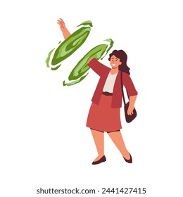 Person goes through teleport portal. Cartoon divided woman arm in magic vortex green circle hole, body parts. Concept of travel in time and space dimension, fantasy game. Vector fantastic illustration