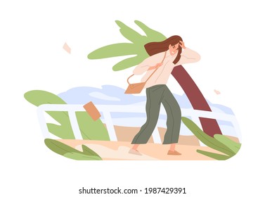 La persona va mientras sopla viento fuerte. Malo concepto de mal tiempo y viento. Mujer caminando al aire libre en tormenta de viento o huracán. Ilustración vectorial plana de la tormenta aislada en fondo blanco