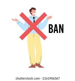 Person Got Ban In Social Media, Flat Vector Illustration Isolated On White Background. Cancel Culture Of Public Behavior And Internet Criticism, Discrimination.