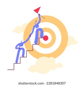 Person got to the goal by climbing the stairs and leads a colleague behind him
