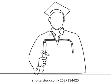 Person in Graduierungskleid in einer durchgehenden Linie Zeichnung. Symbolisierung von Bildungsleistung und Stolz. Handgezeichnete Illustration für Abschlussfeiern.