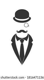 Person graphic icon. Unknown man with mustaches in suit and necktie and bowler hat monocle. Graphic sign isolated on white background. Vector illustration