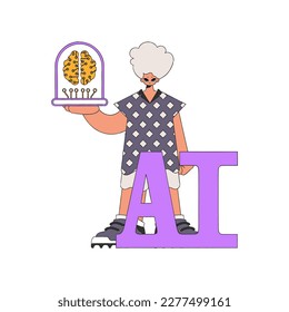 Person grasping a roboticlooking AI mind, vector art.