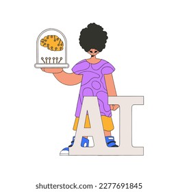 Person grasps AI brain, vector graphic depiction.