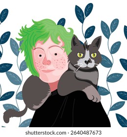 A person with green hair holding a cute gray cat. Vector illustration. 