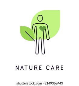 Person with green heart and leaves. Nature care and protection. Simple line art icon. Vector file.