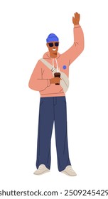 Person greeting concept. Man wave hands. Cheerful person in casual clothes with bag shows hand gesture and says hello. Cute young guy. Flat vector illustration isolated on white background