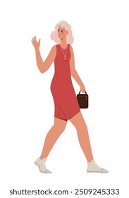 Person greeting concept. Woman wave hands. Cheerful person in casual clothes shows hand gesture and says hello. Positive feelings and emotions. Flat vector illustration isolated on white background