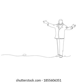 the person greets. vector contour image of a man. one line. outline drawing