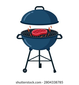 A person is grilling a piece of meat on a barbecue. The grill is positioned in a backyard. Flames rise from the grill as the meat cooks. It is a sunny day.
