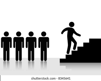 A person    group lieader    climbs stairs toward goal: symbol progress  ambition  promotion  achievement   
