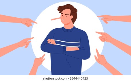 Person with a growing nose symbolizing dishonesty, surrounded by pointing hands. Represents lying, accusations, and accountability vector illustration.