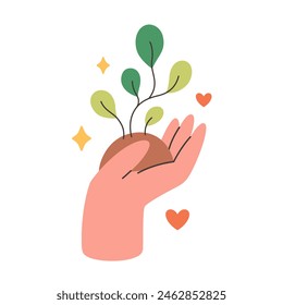 Person growing a plant. Metaphor of environmental protection, closeness to nature, green life, ecosystem. Green gardening. Vector illustration in flat style