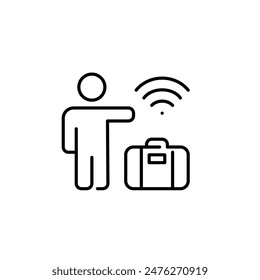 Person mit Taxi, Aktentasche und WLAN-Symbol. Online-App. Flughafentransfer, Business Transfer. Symbol für perfekte Vektorgrafik