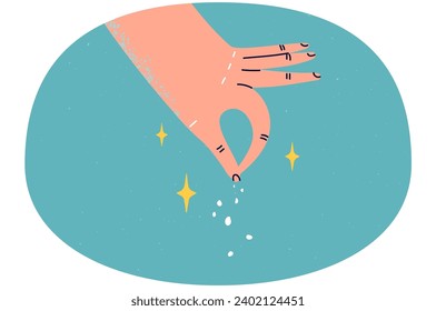 Person hand add spices to food or meal. Chef or cook adding salt for dish. Cooking and cuisine. Vector illustration.