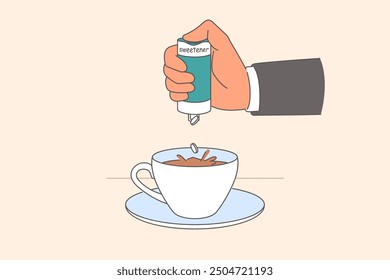 Person hand adds sweetener to coffee to make drink sweeter without use of sugar. Safe sweetener for people with diabetes or allergies to gluten, found in classic drinks and desserts