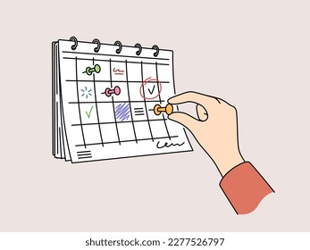 Person hand attach pin on calendar hanging on wall. Businessperson make plans on month schedule. Time management concept. Vector illustration. 