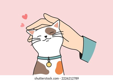 Person hand caress cute fluffy cat. Man or woman cuddle stroke happy kitten show love and care to domestic animal. Vector illustration. 