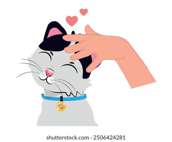 Persona mano acaricia lindo gato esponjoso. Hombre o mujer abrazo golpe feliz gatito mostrar amor y cuidado a los animales domésticos. Ilustración vectorial.