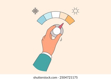 Person hand controls thermostat and increases supply of cold air in home or office. Adjusting thermostat as metaphor for controlling climate change and weather after change of season