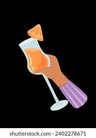 Person hand with glass of alcohol cocktail or drink vector illustration isolated on black background. Man or women holds aperol with orange. People celebrating with toasts and cheering. Party time.