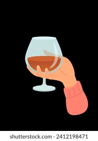 Person hand with glass of alcohol cocktail or drink vector illustration isolated on black background. Man or women holds goblet with wine, whisky, cognac. People celebrating with toasts and cheering.