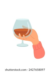 Person hand with glass of alcohol cocktail or drink vector illustration isolated on white background. Man or women holds goblet with wine, whisky, cognac. People celebrating with toasts and cheering.