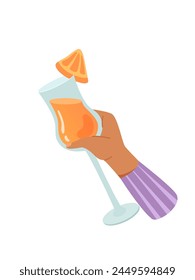 Person hand with glass of alcohol cocktail mimosa vector illustration isolated on white background. Man or women holds aperol with orange. People celebrating with toasts and cheering. Party time.