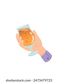 Mano de la persona con el vaso del cóctel del alcohol o de la Ilustración vectorial de la bebida aislada sobre fondo blanco. Hembra o macho sostiene la copa con el vino. Personas celebrando con brindis y vítores. Hora de la fiesta.