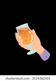 Mano de la persona con el vaso de cóctel de alcohol o la Ilustración vectorial de la bebida aislada en fondo negro. La hembra o el macho sostiene la copa con vino. Personas celebrando con brindis y vitoreando. Hora de la fiesta.