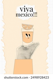 Person hand with halftone effect holds glass of alcoholic cocktail. Holiday poster Viva Mexico in retro collage style. Vertical vector banner with torn paper effect