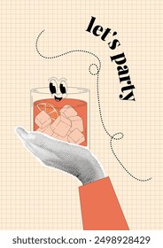 Person hand with halftone effect holds glass of alcoholic cocktail. Dotted poster in retro collage style. Vertical vector banner Lets party