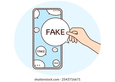 Person hand hold speech bubble with fake news from cellphone. Smartphone screen with balloons of disinformation and media propaganda. Vector illustration.