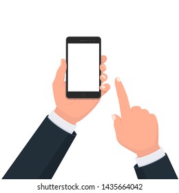 Person hand holding the black smartphone with blank screen display. Hand finger touching phone mobile screen. Modern lifestyle, digital technology cell phone concept illustration in cartoon style.