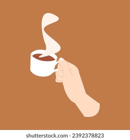 person hand holding a cup of hot coffee. isolated on brown background. breakfast, drink, coffee lover, coffee shop. flat vector illustration.