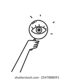 person hand  holding magnifying glass with eye illustration doodle