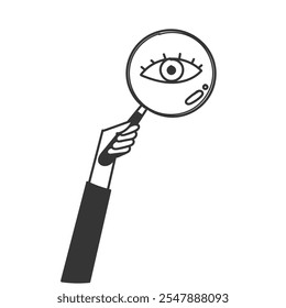 mão de pessoa segurando lupa com olho ilustração doodle