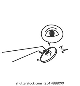 person hand  holding magnifying glass with eye illustration doodle