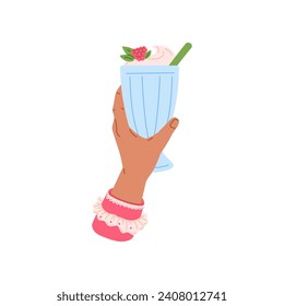 Person hand holding milkshake with raspberries and straw. Tropical sweet milk cocktail with cream in glass. Dessert drink beverage vector flat illustration. Bar cocktail in arm, party drink