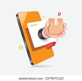 person hand is holding a package or cardboard box sticking out of smartphone after customer presses online order button, vector 3d isolated for online shopping, delivery, e commerce concept design