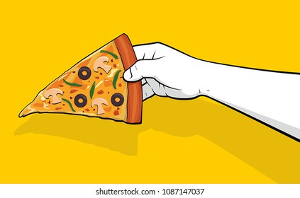 Person Hand Holding Pizza Slice