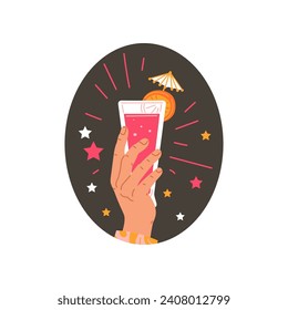 Person hand holding tropical fruit cocktail glass with umbrella. Alcohol drink beverage with citrus slice vector flat illustration. Bar cocktail in arm, party drink with decorative firework