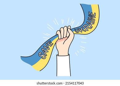 Person hand holding Ukrainian flag saying Stop war protest against invasion. Activist support Ukraine stand against Russia invade European country ask peace. Flat vector illustration. 