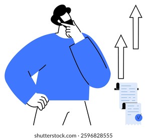 A person with hand on chin and other on waist, thinking. Two documents with a check mark and two upward arrows are beside them. Ideal for business strategy, planning, analysis, growth