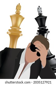 person with hand on forehead king and queen checkmate