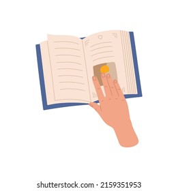 Person hand and open diary isolated opened book in hardcover. Vector reading and studying material, magazine and student or pupil arm. Encyclopedia, bookstore or library symbol, published brochure