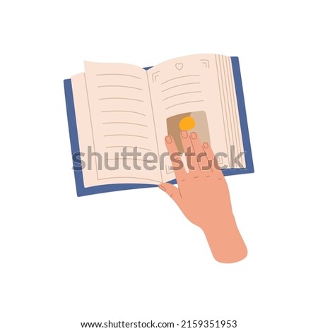 Person hand and open diary isolated opened book in hardcover. Vector reading and studying material, magazine and student or pupil arm. Encyclopedia, bookstore or library symbol, published brochure