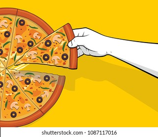 Person hand picking pizza slice